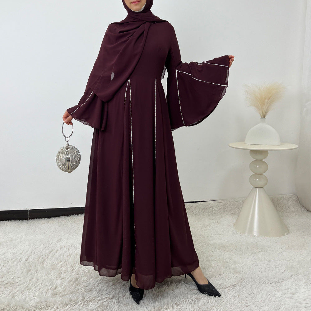 Elegant Chiffon Abaya Set with Hijab | Round Neck Bell Sleeve Maxi Dress with Rhinestone Trim(MA325)
