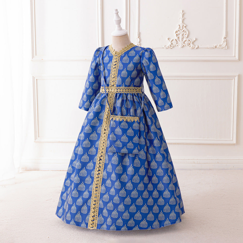 Girls Royal Blue Printed Kaftan Dress(MKG023)
