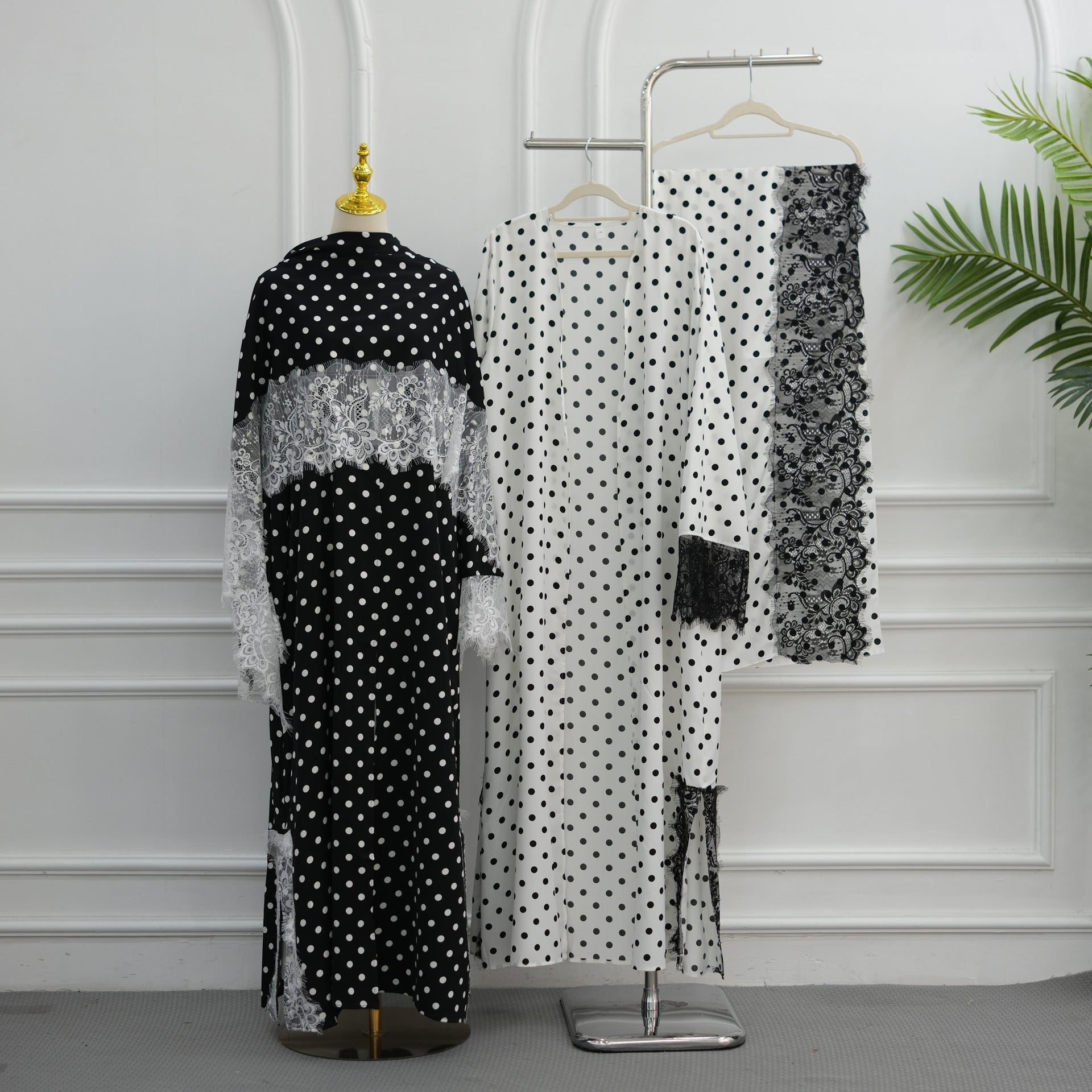 Polka Dot Lace-Trim Open Abaya & Matching Hijab Set(MOA343)