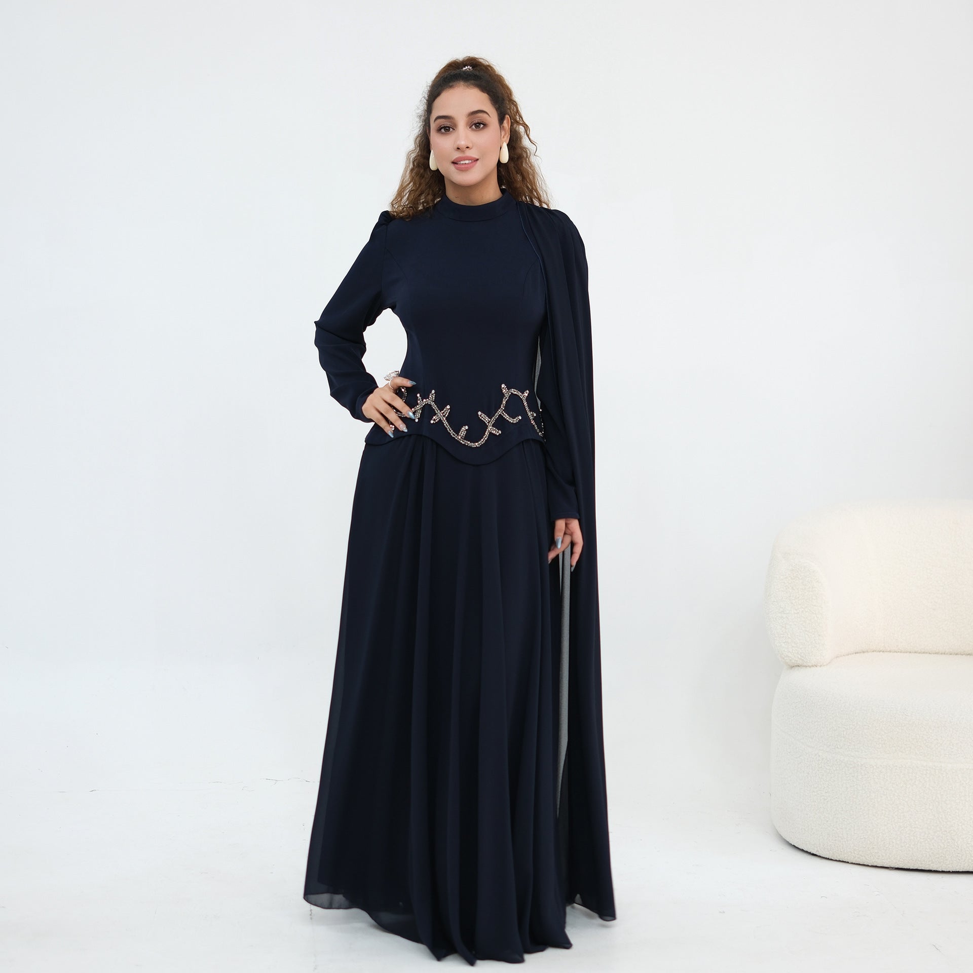 Crystal Beaded Waist Cape Sleeve Maxi Dress(MS499)