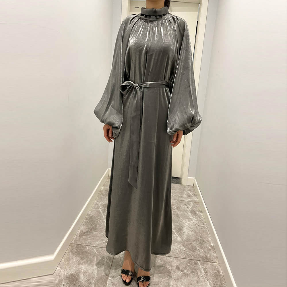 Luxurious Shimmer Abaya with Lantern Sleeves | Stand Collar Back Tie Maxi Dress(MA324)
