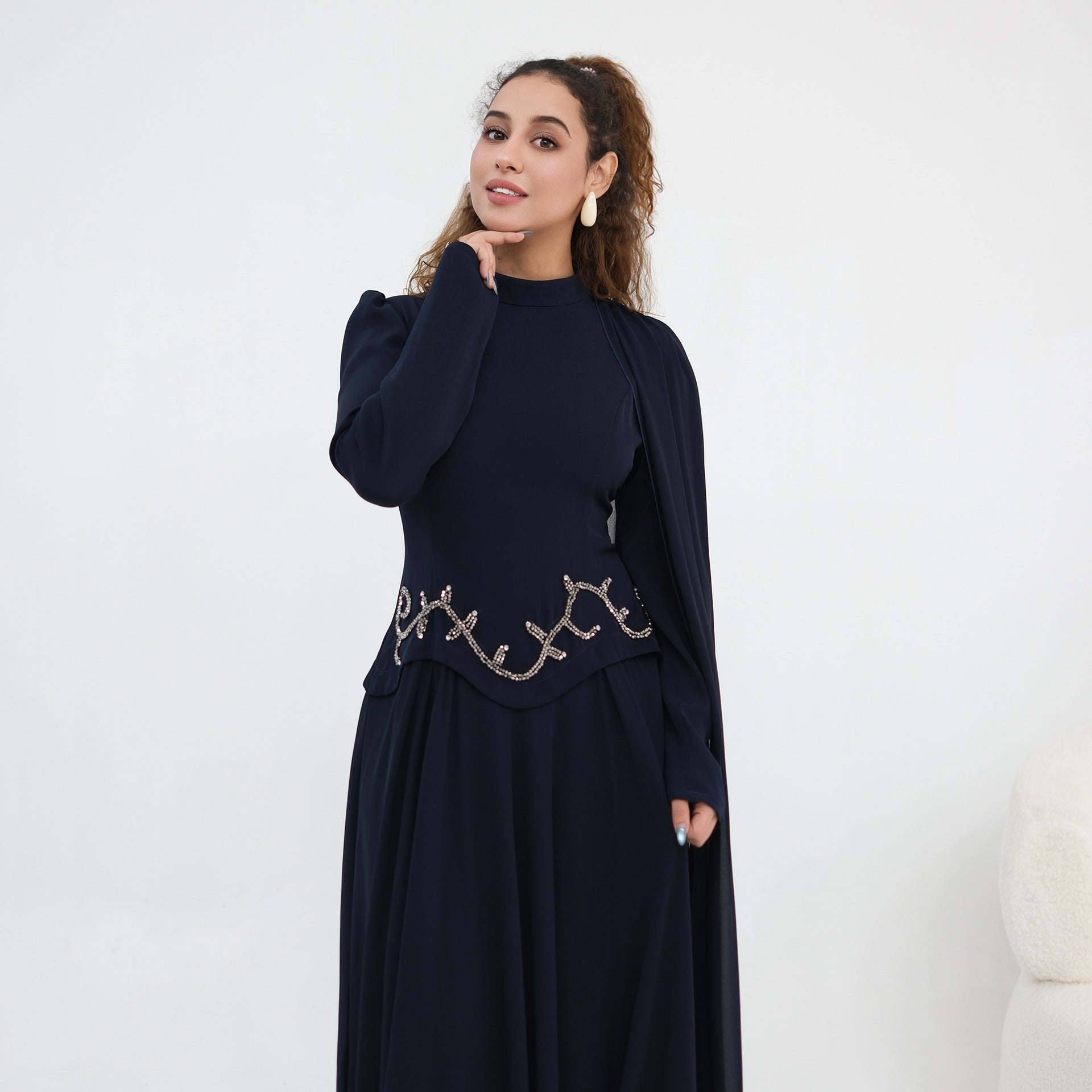 Crystal Beaded Waist Cape Sleeve Maxi Dress(MS499)