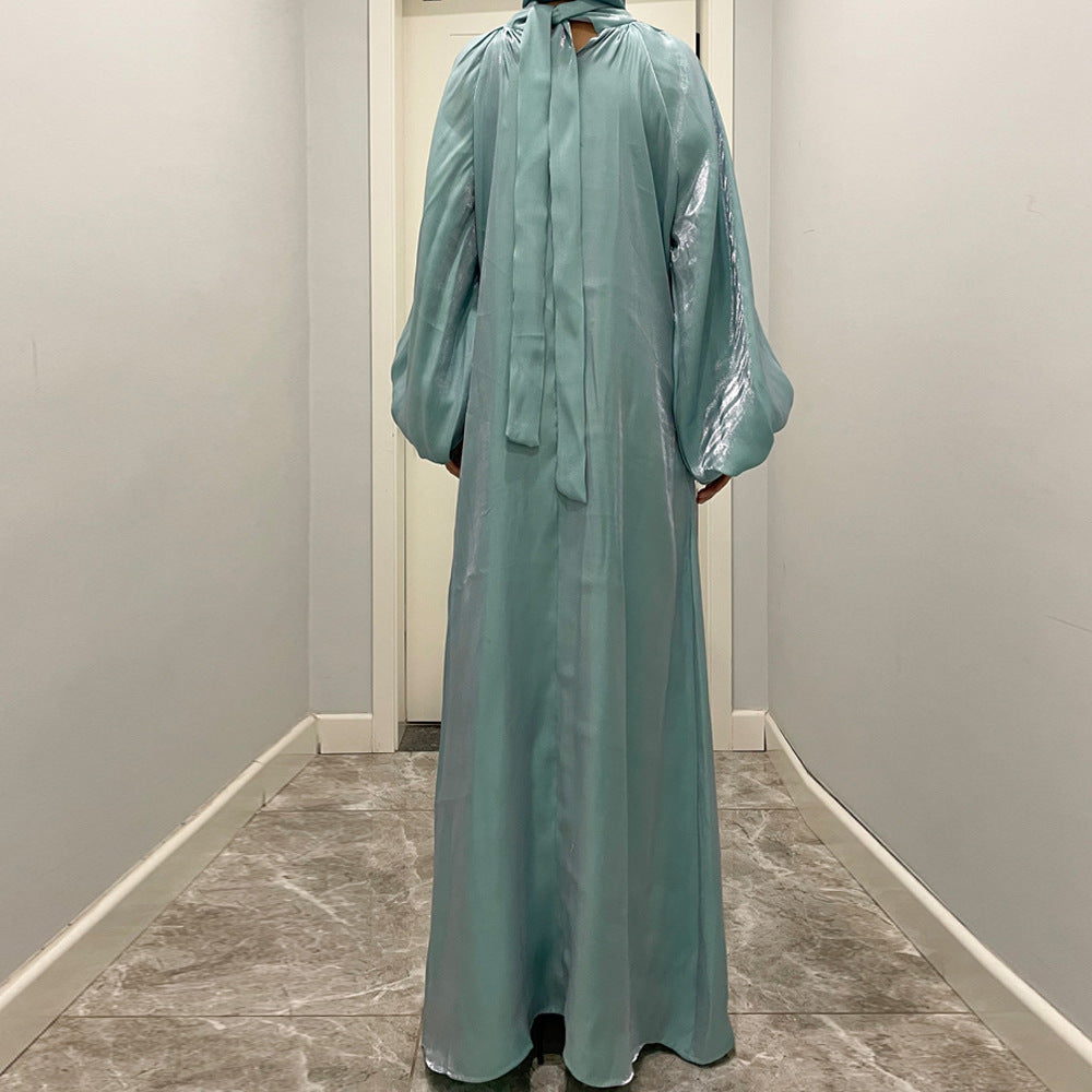 Luxurious Shimmer Abaya with Lantern Sleeves | Stand Collar Back Tie Maxi Dress(MA324)
