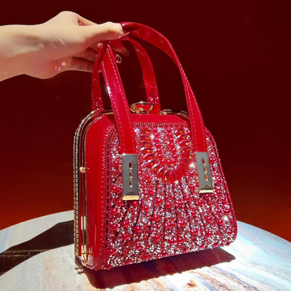 Luxe Pearl & Rhinestone Evening Clutch Bag – Crossbody Handbag with Chain Strap (MAC488)