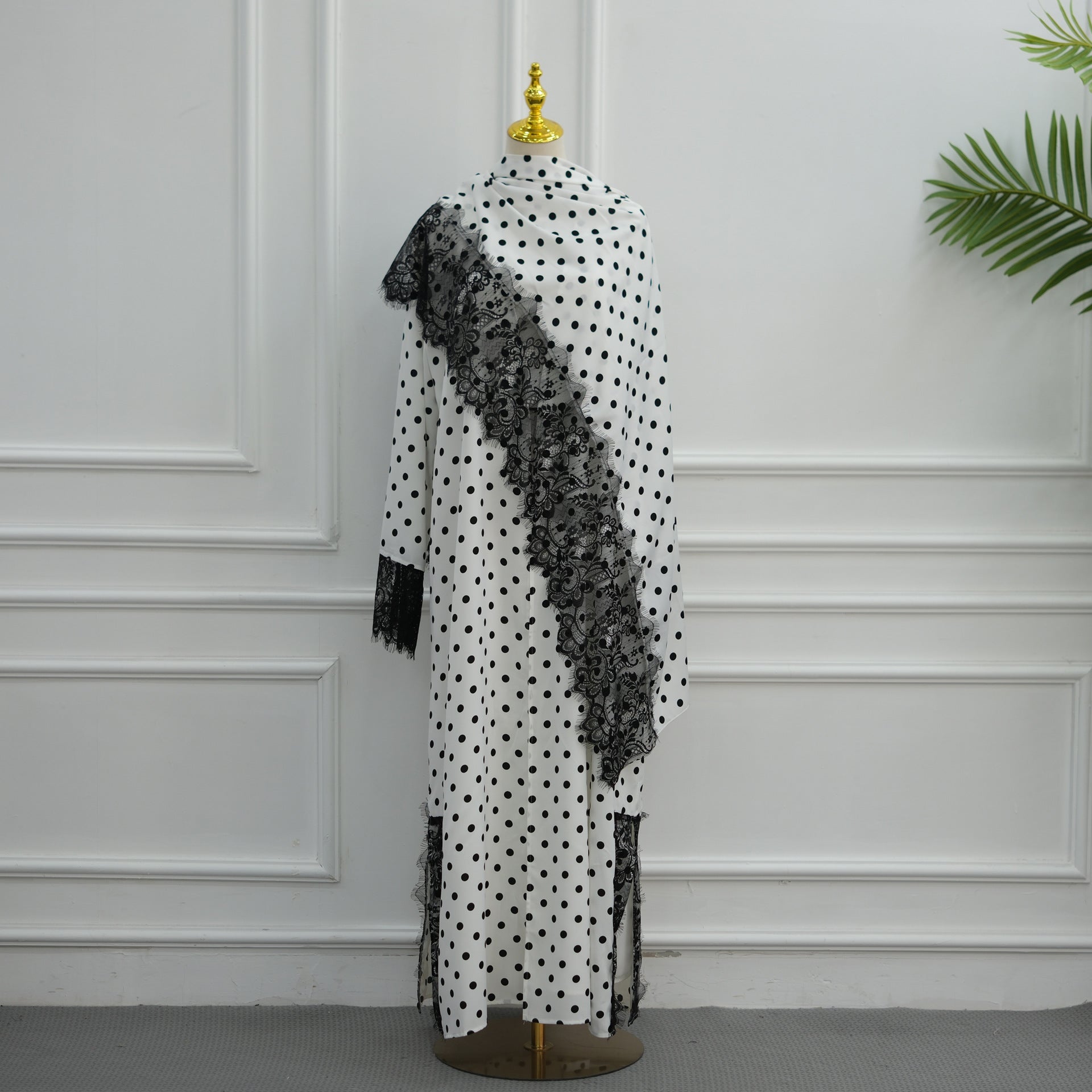 Polka Dot Lace-Trim Open Abaya & Matching Hijab Set(MOA343)