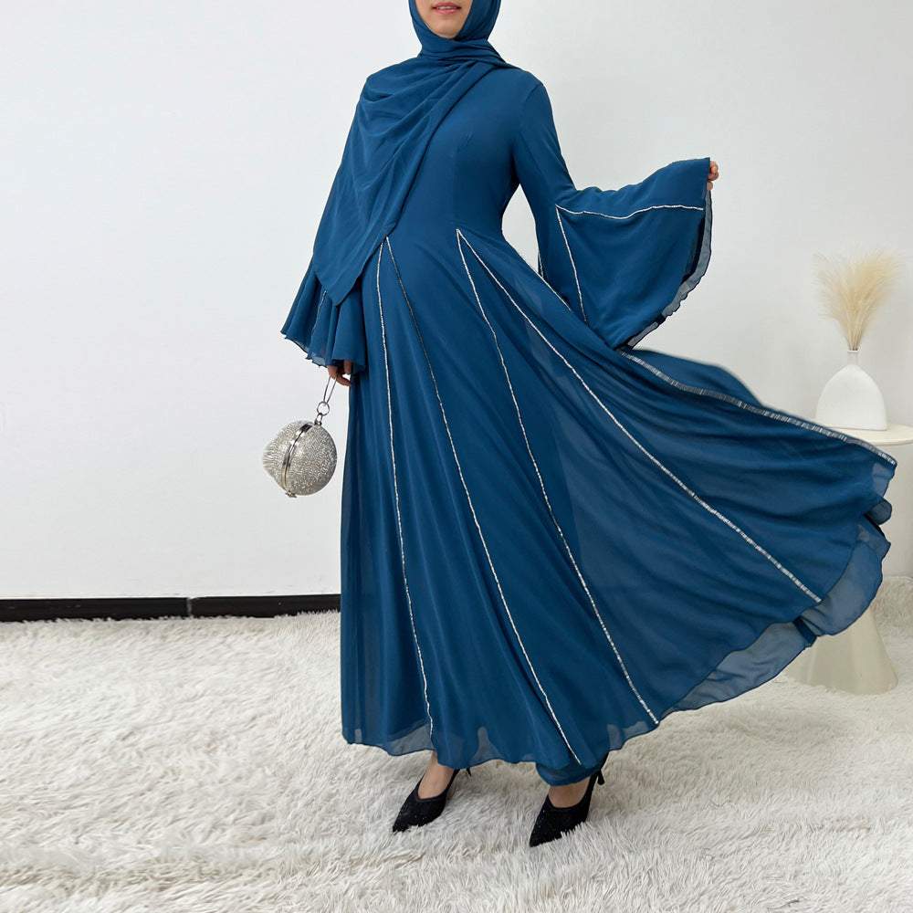Elegant Chiffon Abaya Set with Hijab | Round Neck Bell Sleeve Maxi Dress with Rhinestone Trim(MA325)