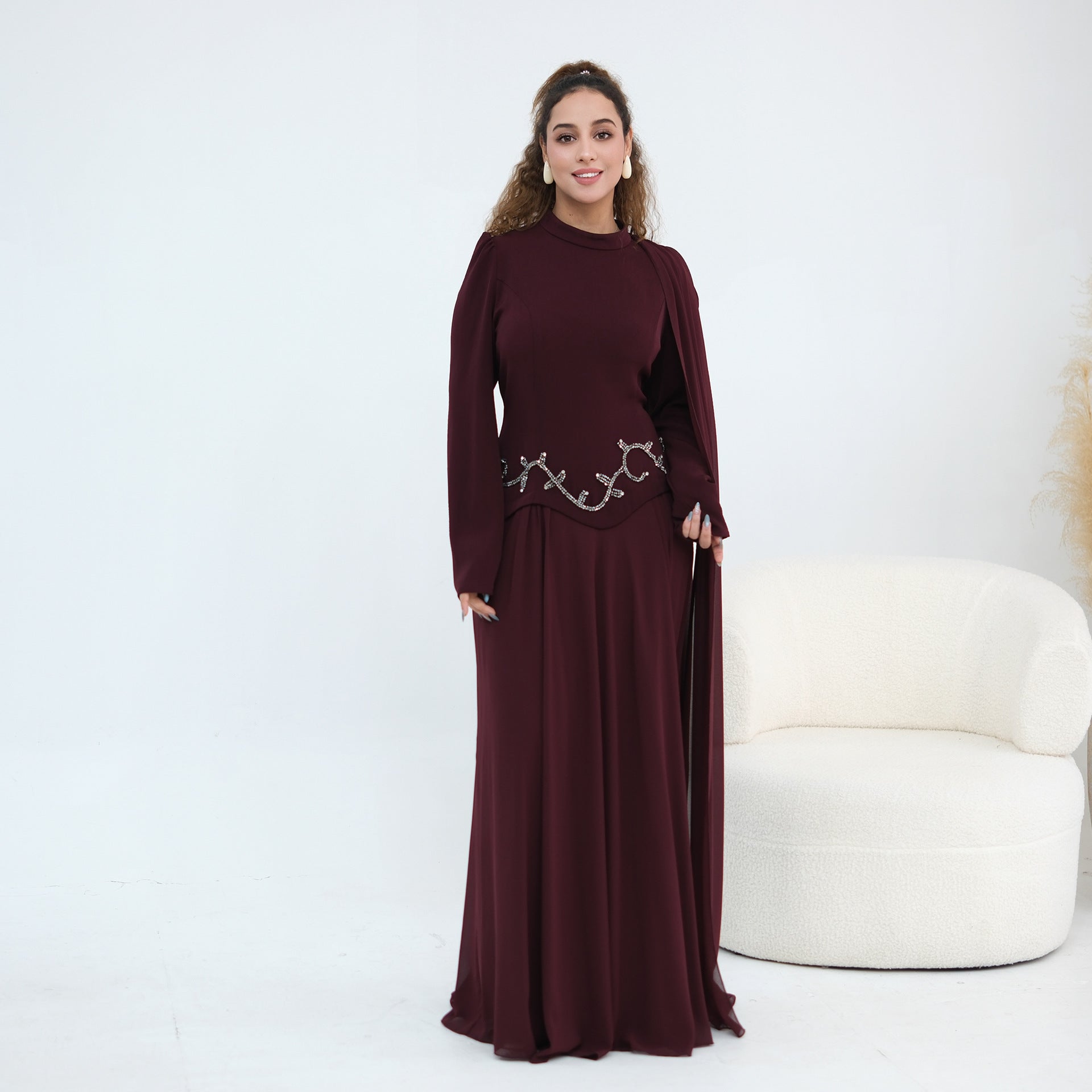 Crystal Beaded Waist Cape Sleeve Maxi Dress(MS499)