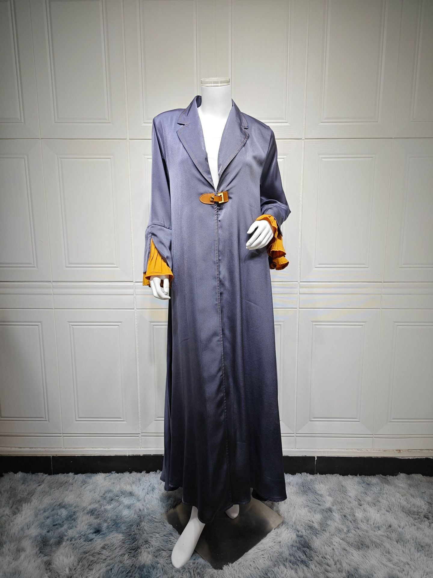 Luxe Suede Robe Dress | Navy Blue  Maxi with Gold Accents & Bell Sleeves(MOA200)
