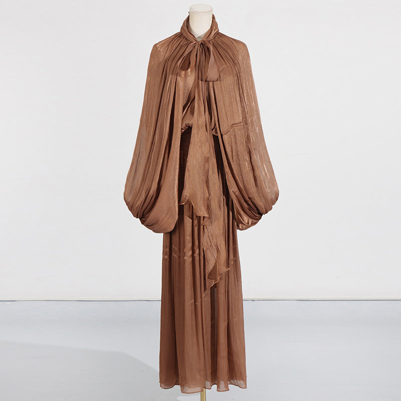 Balloon Sleeve Tie-Neck Maxi Dress(MS303)