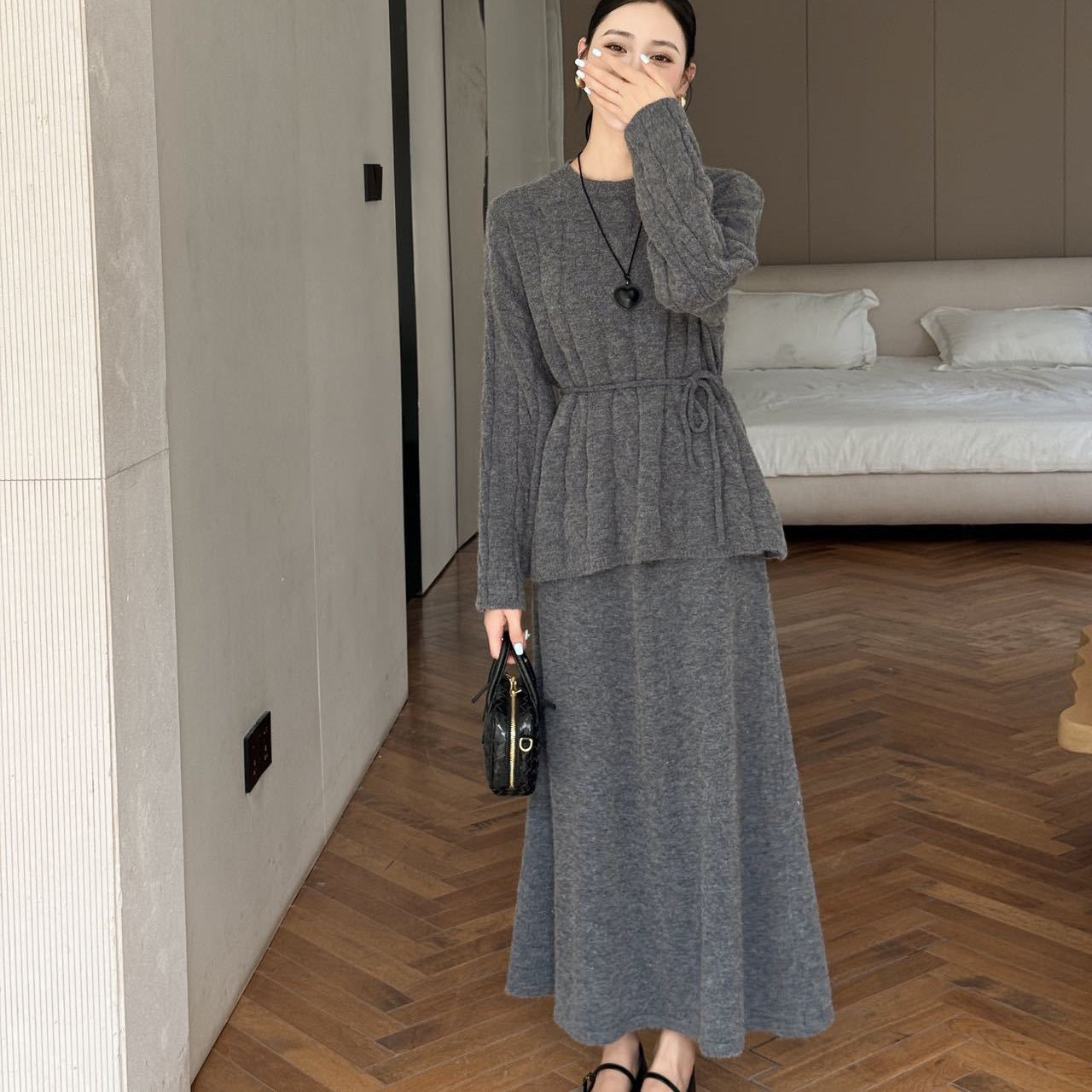 Autumn Winter Cable Knit Two-Piece Set | Round Neck Tie-Waist Sweater & Loose Skirt(MS133)
