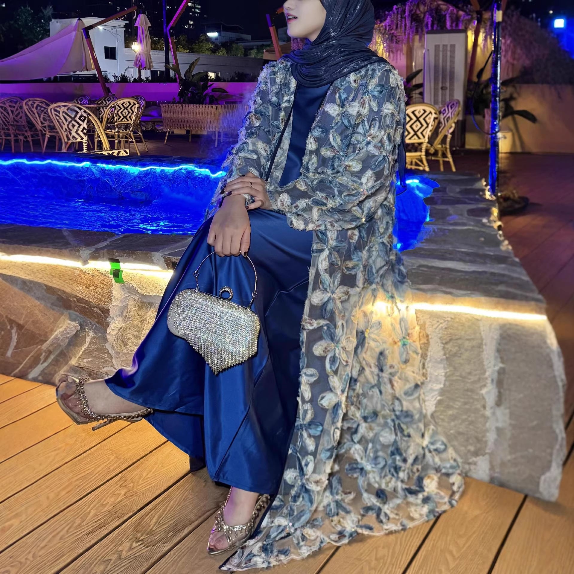 3D Floral Embroidered Mesh Open Abaya Set(MOA302)