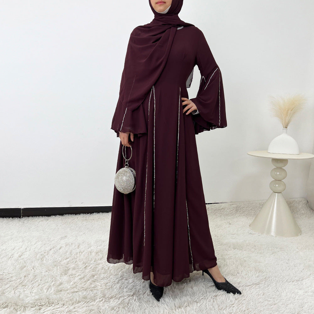 Elegant Chiffon Abaya Set with Hijab | Round Neck Bell Sleeve Maxi Dress with Rhinestone Trim(MA325)