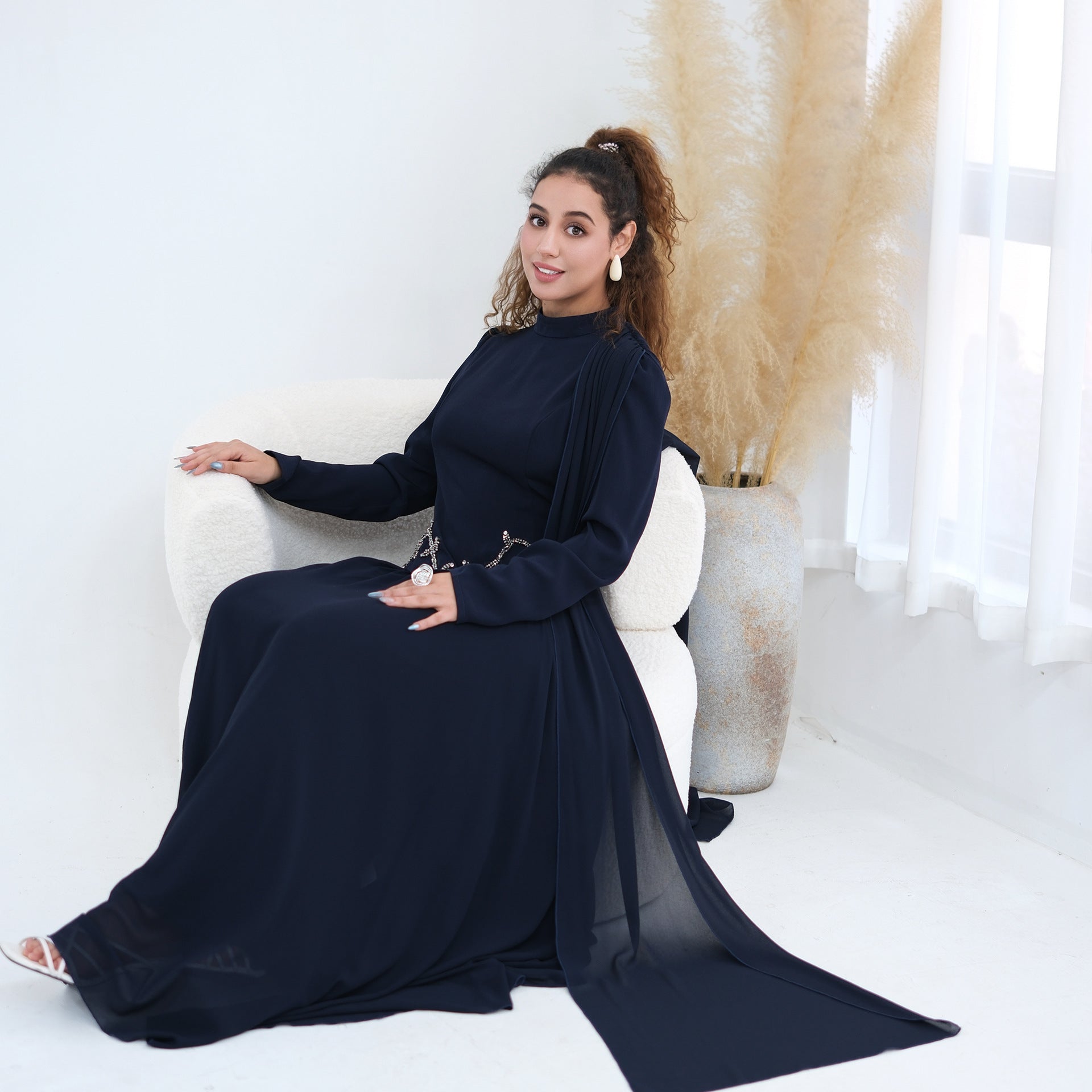 Crystal Beaded Waist Cape Sleeve Maxi Dress(MS499)