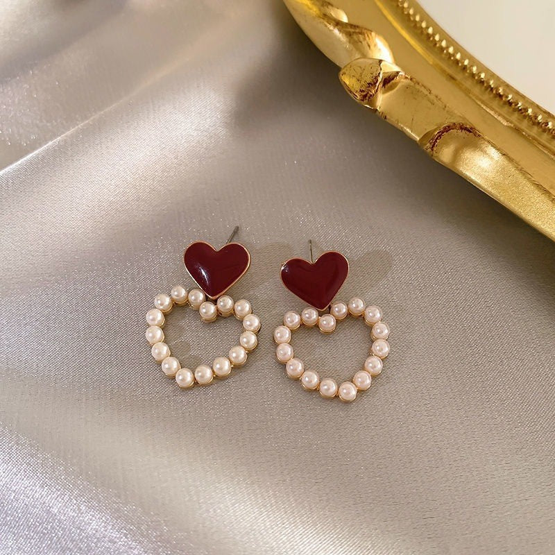 Vintage Wine Red Pearl Stud Earrings（MAC466）