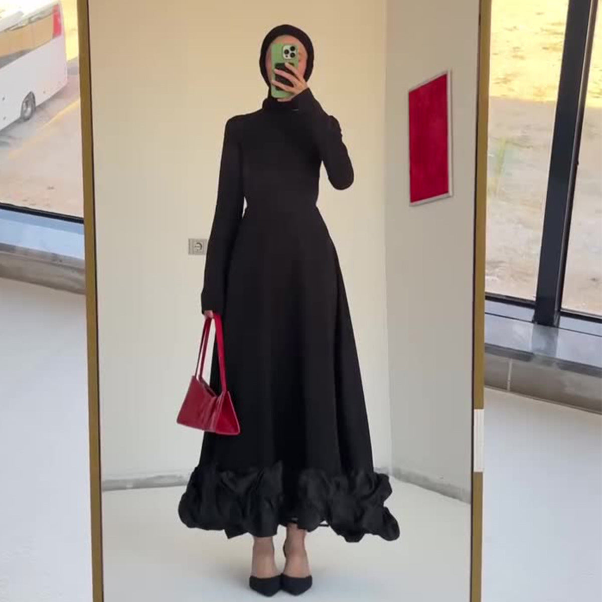 Tulle Ruffle Hem Evening Gown | High Neck Fitted Maxi Dress(MS234)