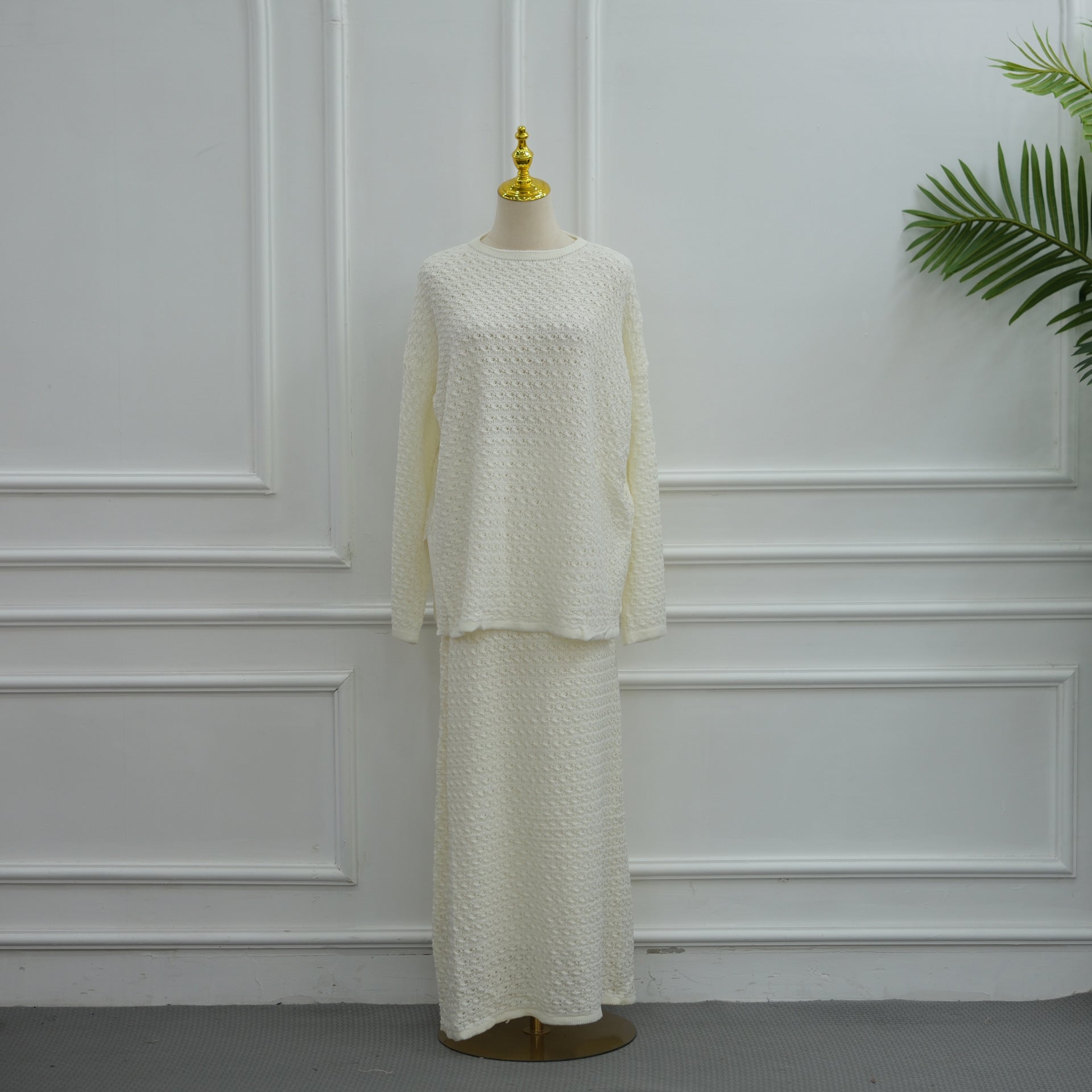 Ensemble coordonné Sweater Crochet ajouré & Jupe Maxi Doublée (MS523)