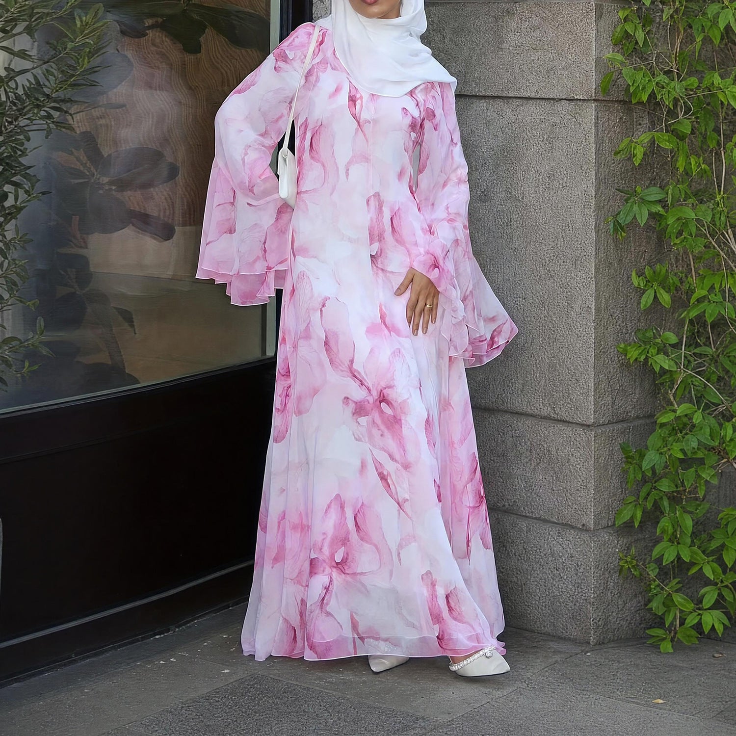 Watercolour Print Double-Layer Flared-Sleeve Maxi Dress(MA479)