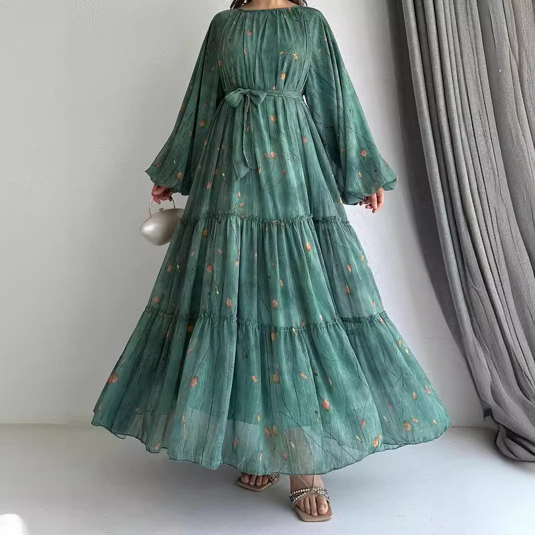 Long Sleeve Belted Chiffon Dress | Elegant Boho Peasant Gown(MA380)