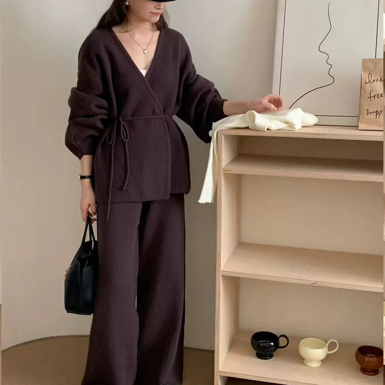 Ribbed Knit Wrap Top & Wide-Leg Trouser Two-Piece Set(MS531)
