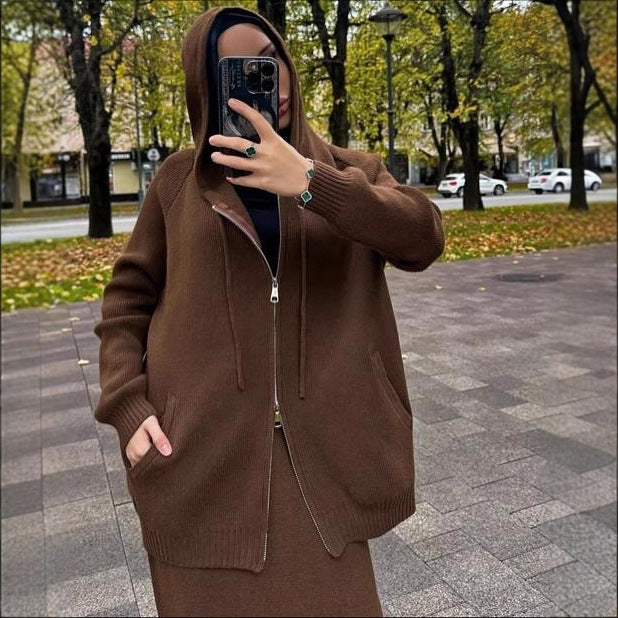 Hooded Knit Cardigan & Straight Maxi Skirt Set(MS544)