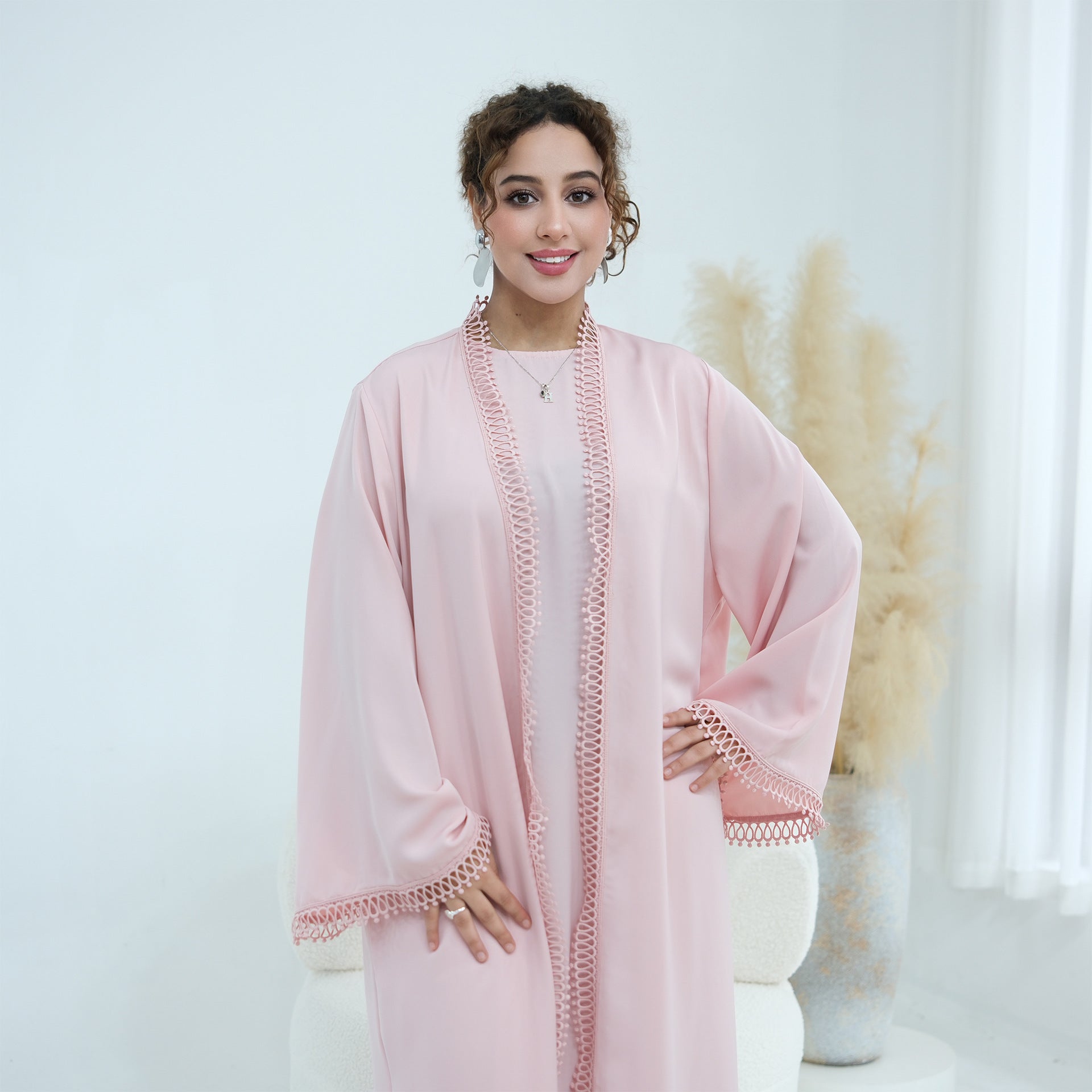 3D Lace Trim Open Abaya & Sleeveless Dress Set(MOA323)