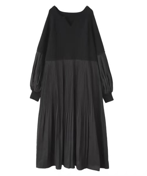 Pleated Knit Maxi Dress | Bubble Sleeve Mixed Media Sweater Dress(MS228)