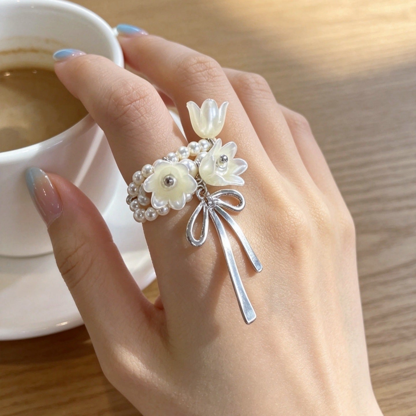 Lily of the Valley Pearl Bow Statement Ring | Adjustable Floral Ring（MAC482）