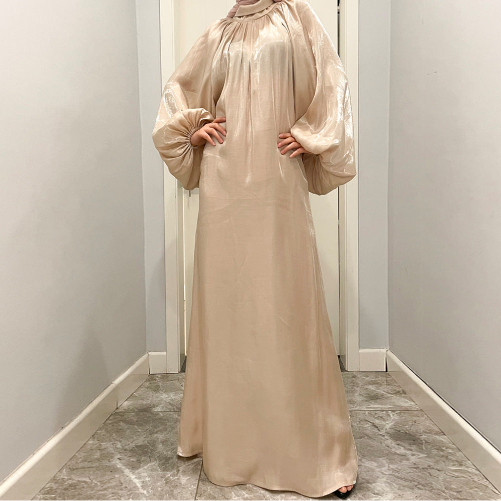 Luxurious Shimmer Abaya with Lantern Sleeves | Stand Collar Back Tie Maxi Dress(MA324)
