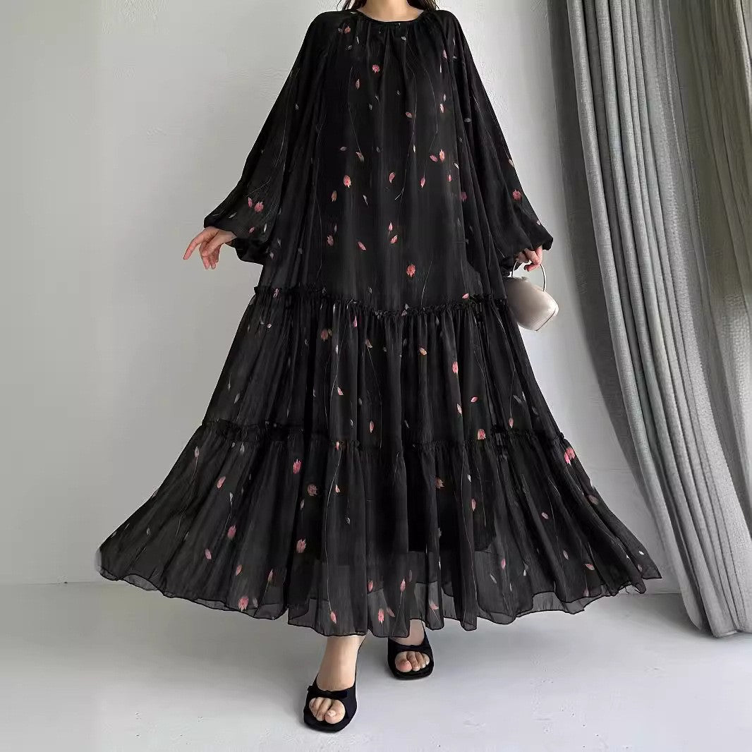 Long Sleeve Belted Chiffon Dress | Elegant Boho Peasant Gown(MA380)
