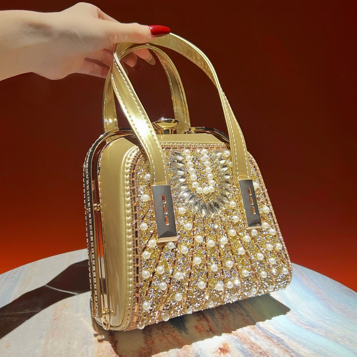 Luxe Pearl & Rhinestone Evening Clutch Bag – Crossbody Handbag with Chain Strap (MAC488)