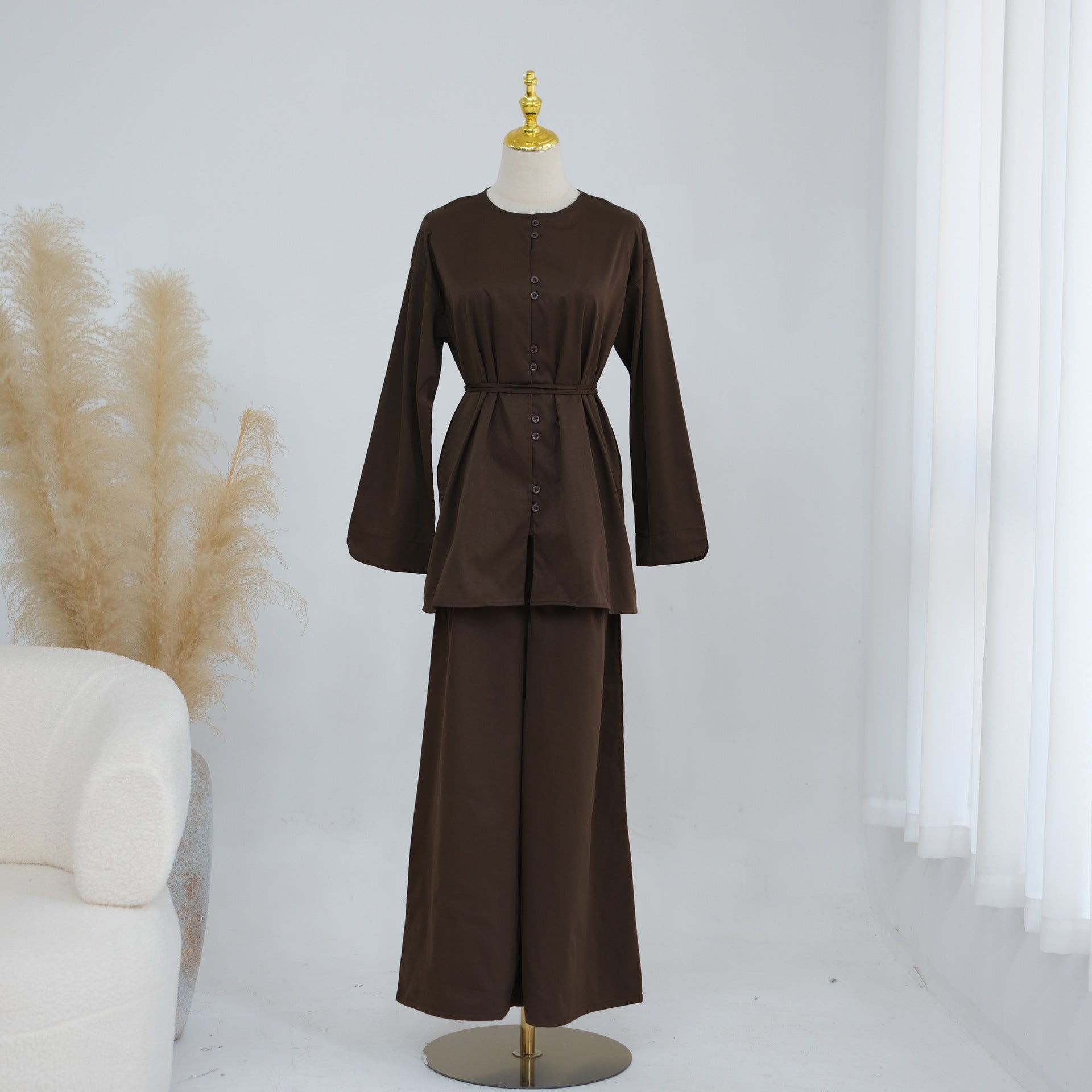 Button-Front Longline Top & Wide-Leg Trouser Set(MS456)