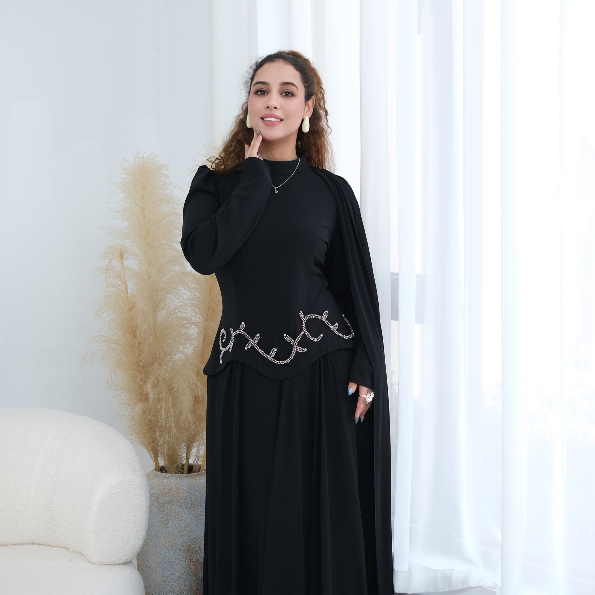 Crystal Beaded Waist Cape Sleeve Maxi Dress(MS499)
