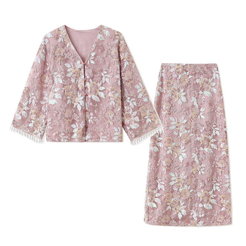 Luxury Embroidered Floral Jacket & Skirt Set(MS307)