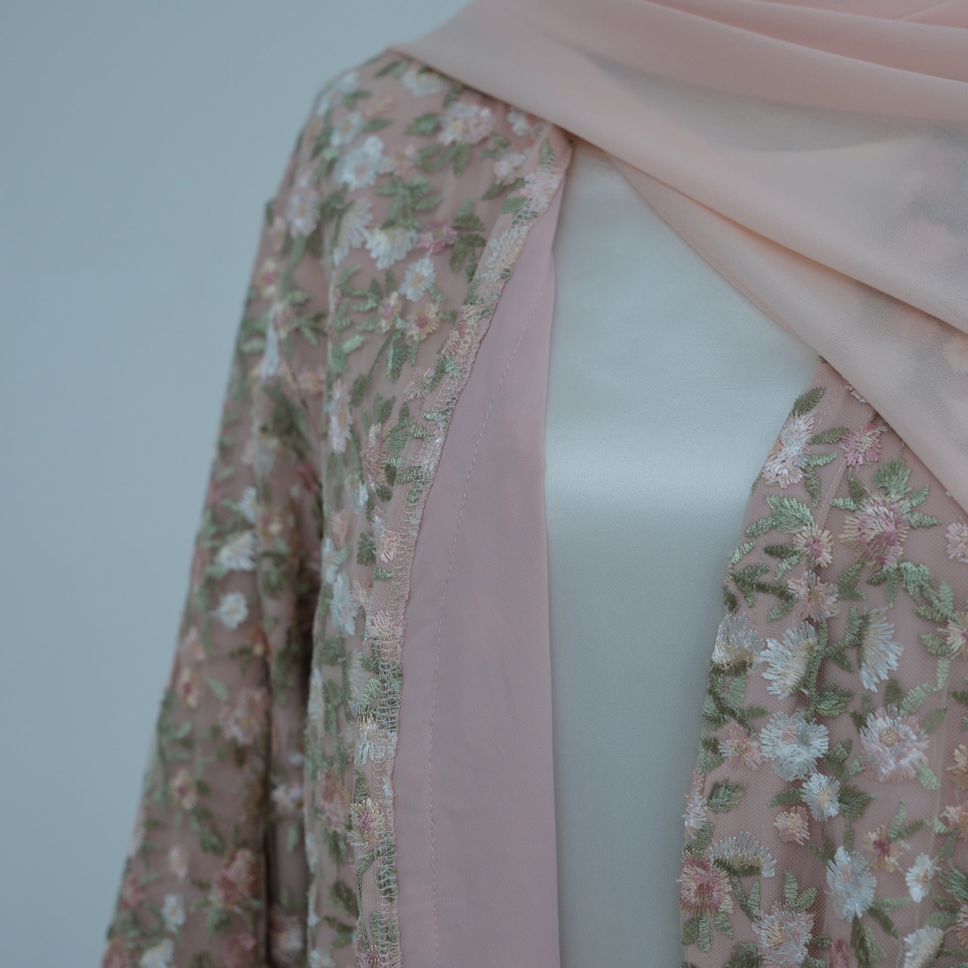 Floral Embroidered Mesh Open Abaya & Hijab Set(MOA321)
