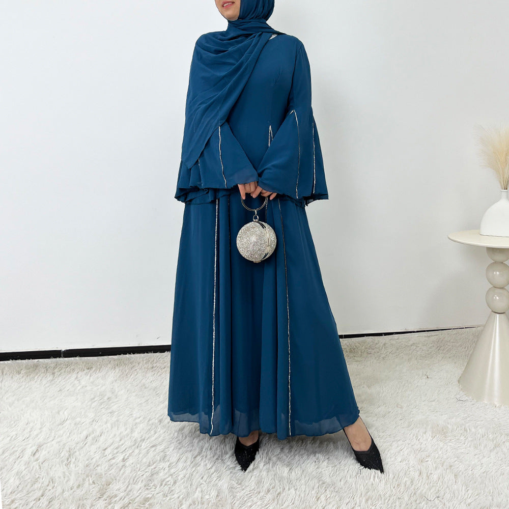 Elegant Chiffon Abaya Set with Hijab | Round Neck Bell Sleeve Maxi Dress with Rhinestone Trim(MA325)
