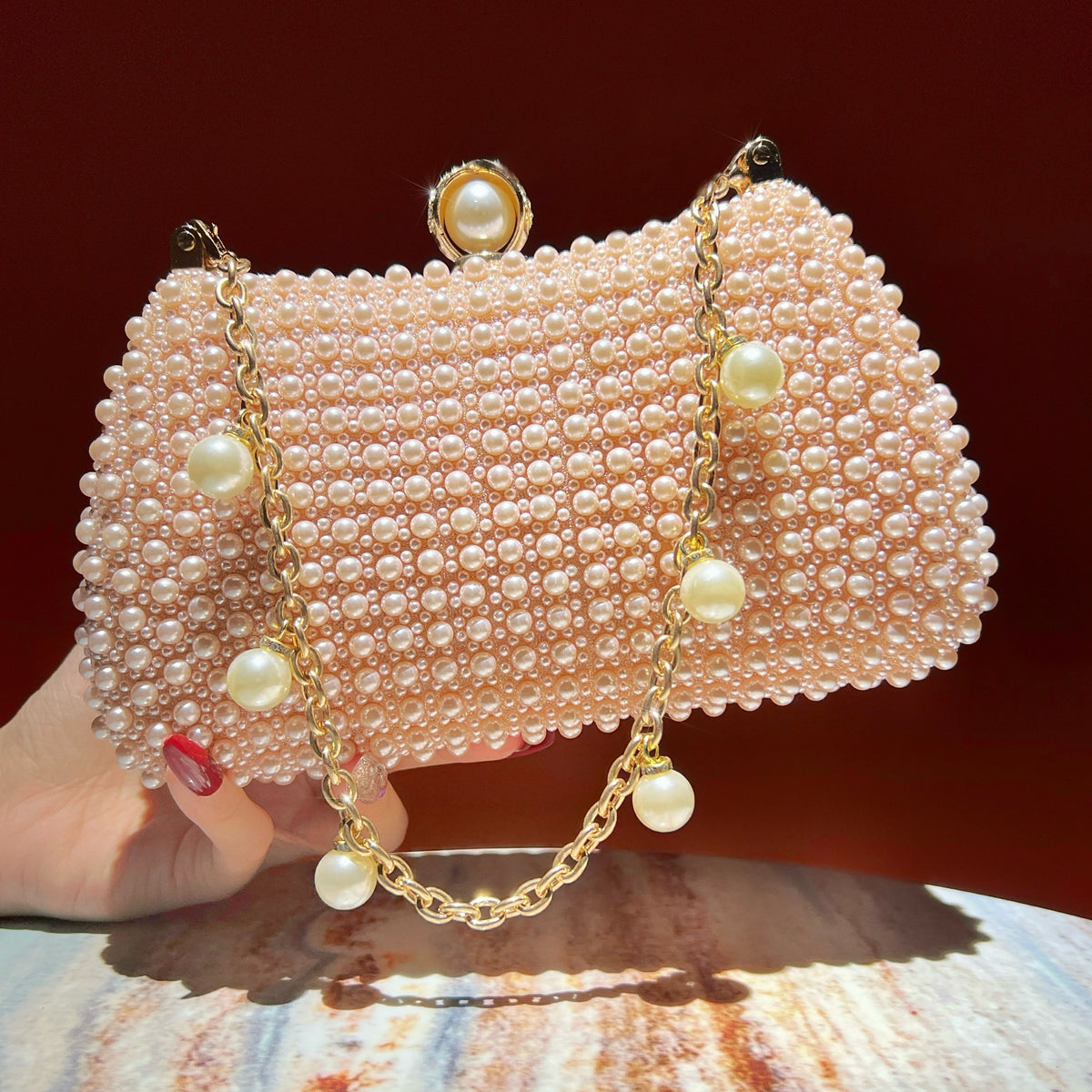 Chic Faux Pearl Evening Clutch Bag - Pearl Chain Strap Top-Handle Purse & Shoulder Crossbody for Parties & Weddings（MAC493）