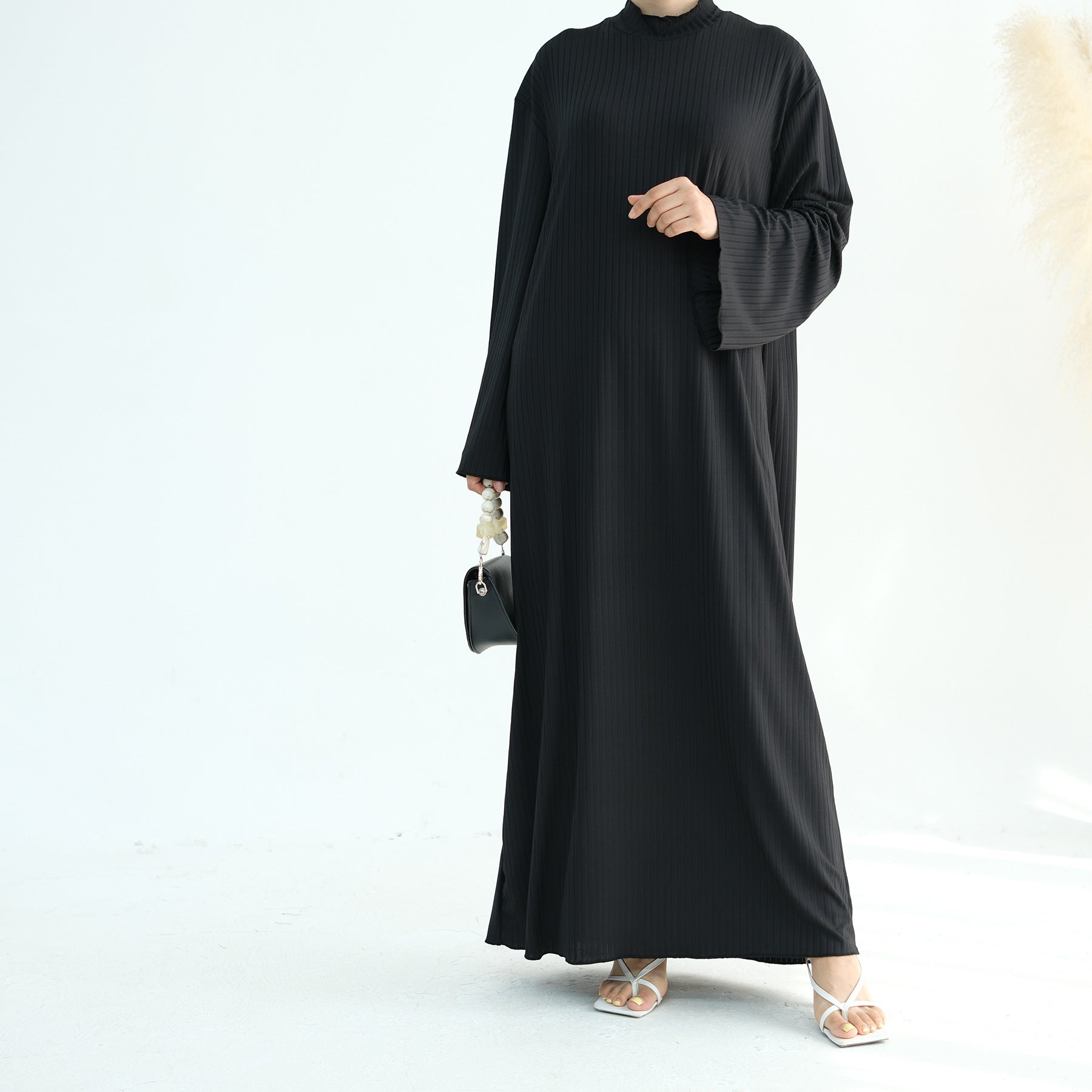 Solid Colour Standing Collar Pit Print Abaya (MA118)