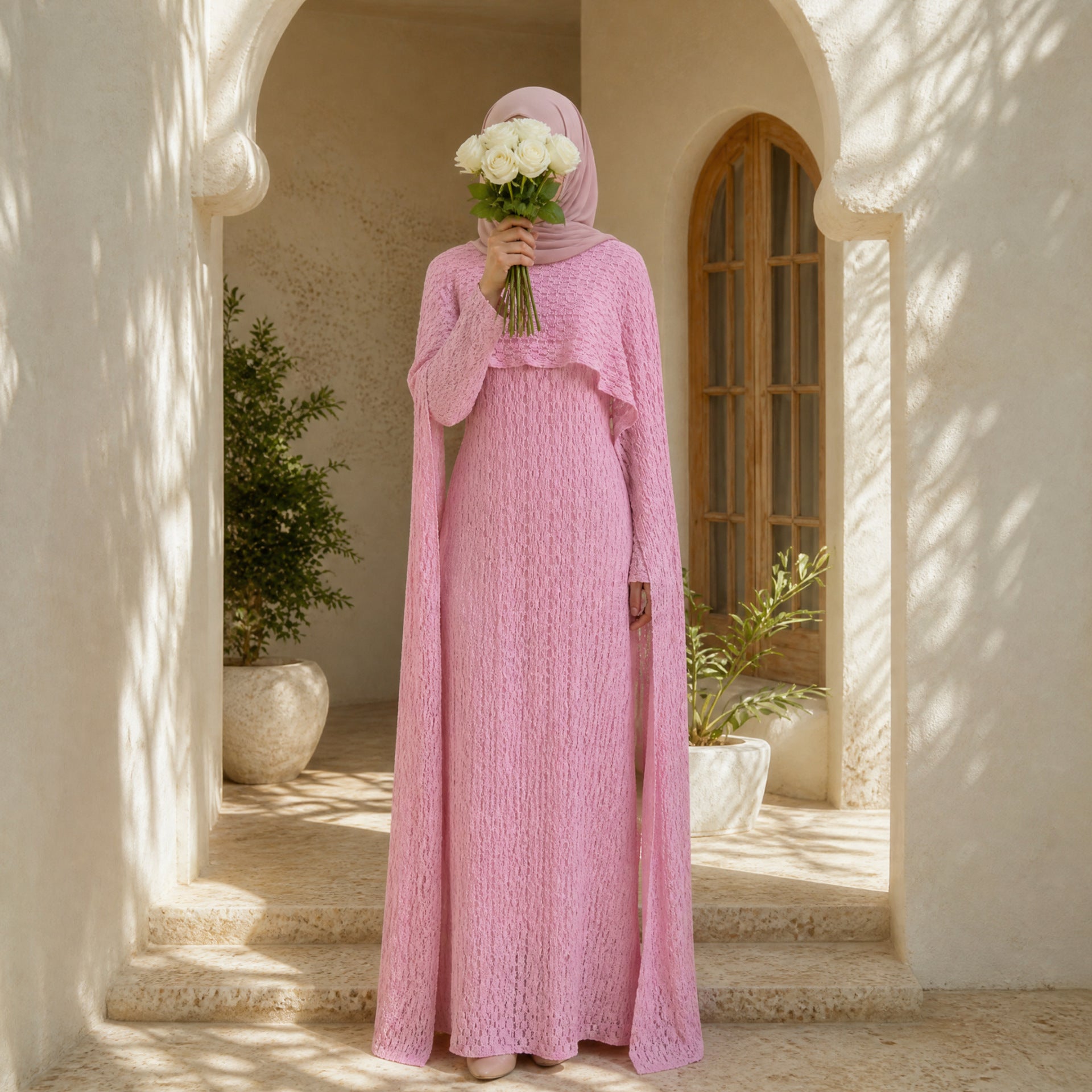Textured Floral Lace Cape-Sleeve Lined Maxi Dress(MS519)