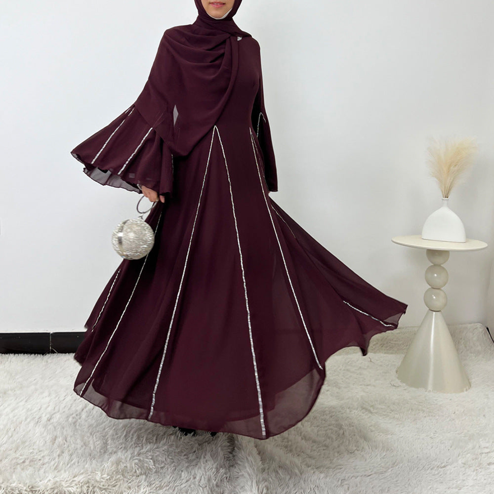 Elegant Chiffon Abaya Set with Hijab | Round Neck Bell Sleeve Maxi Dress with Rhinestone Trim(MA325)