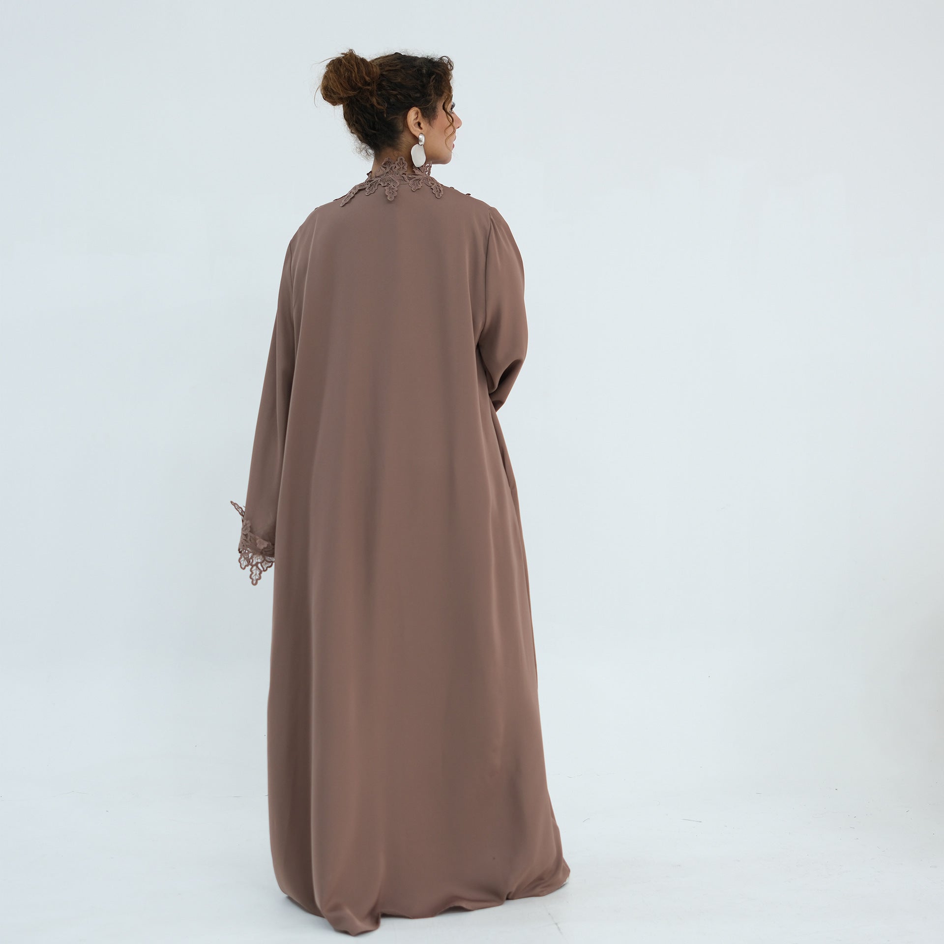 Floral Lace Trim Open Abaya & Sleeveless Inner Dress Set(MOA312)