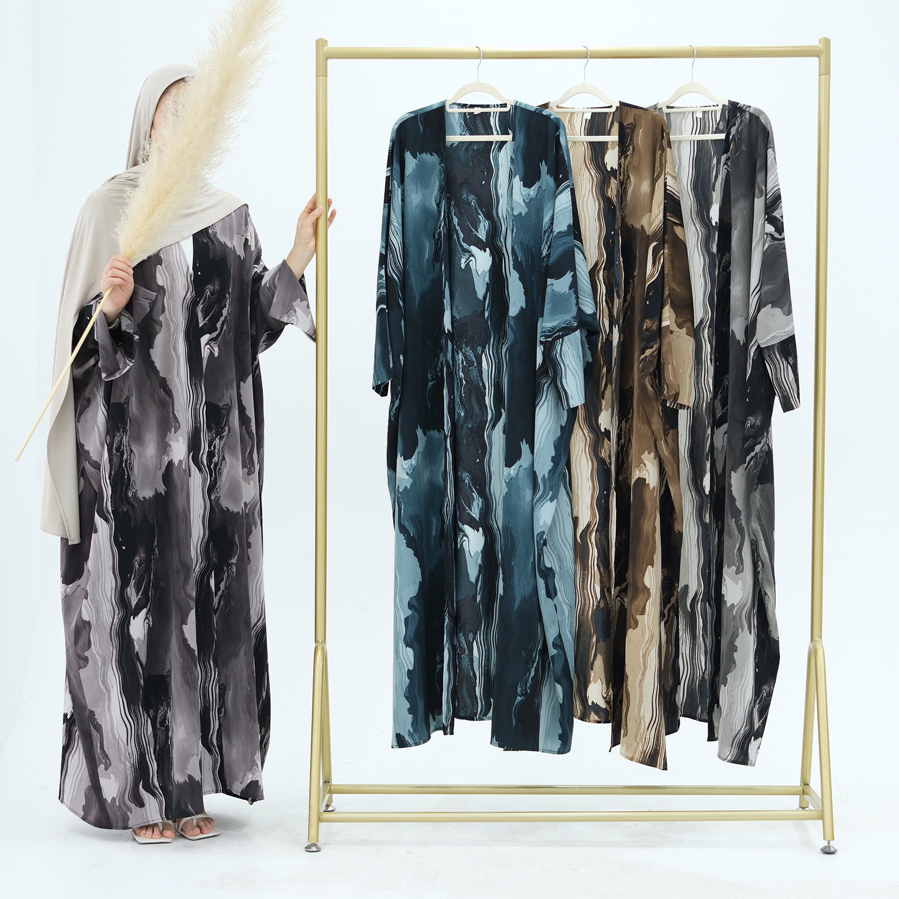 Modest Islamic Fashion Artistic Floral Geometric Designs Elegant Printed Cardigan Abaya. (MOA154)