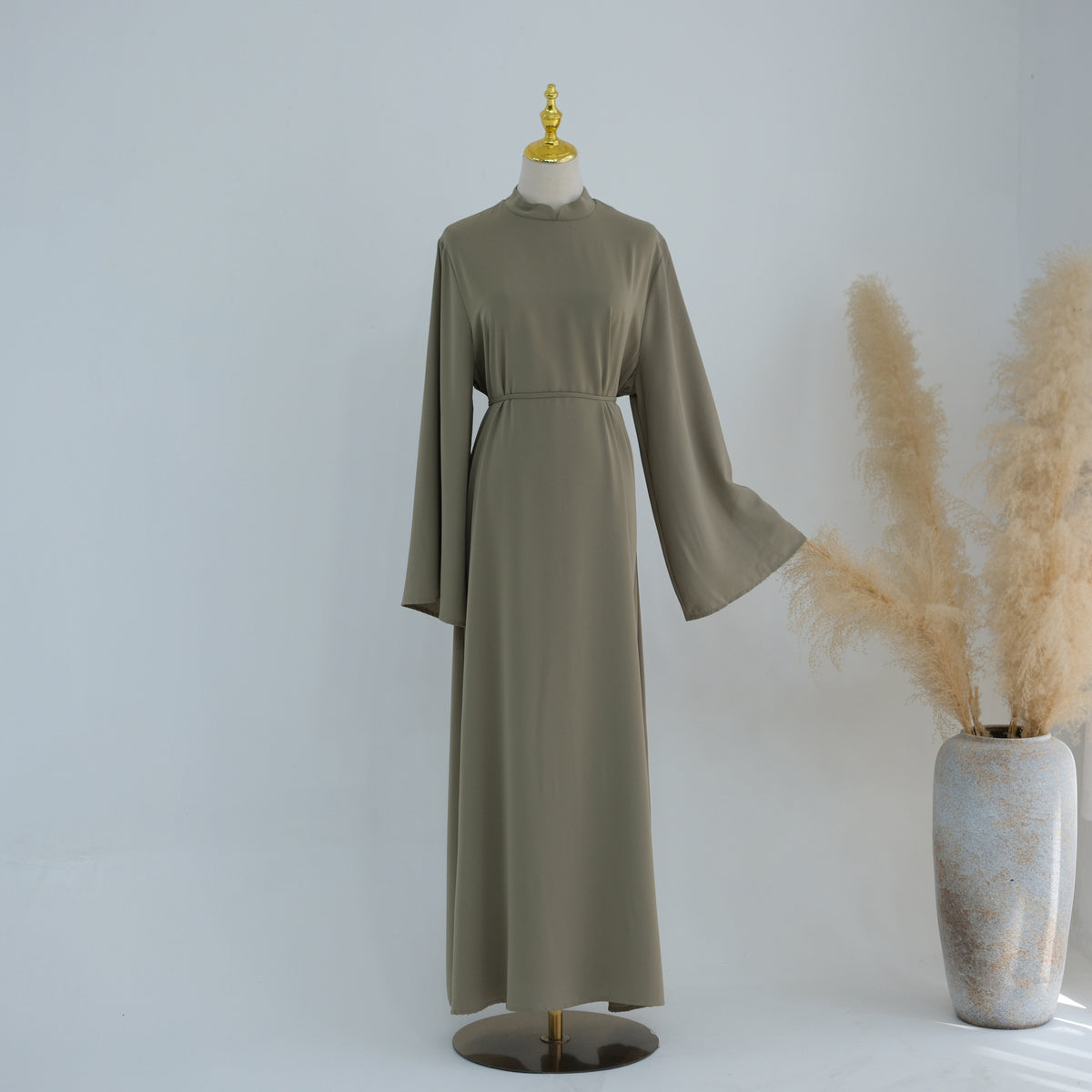 Stand-Collar Nida Maxi Dress | Long-Sleeve Belted Modest Dress(MA475)