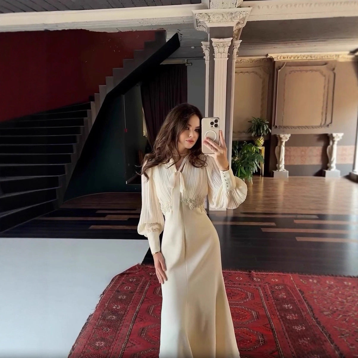 French-Style Pleated Bodice Dress with Bow-Neck(MS309)