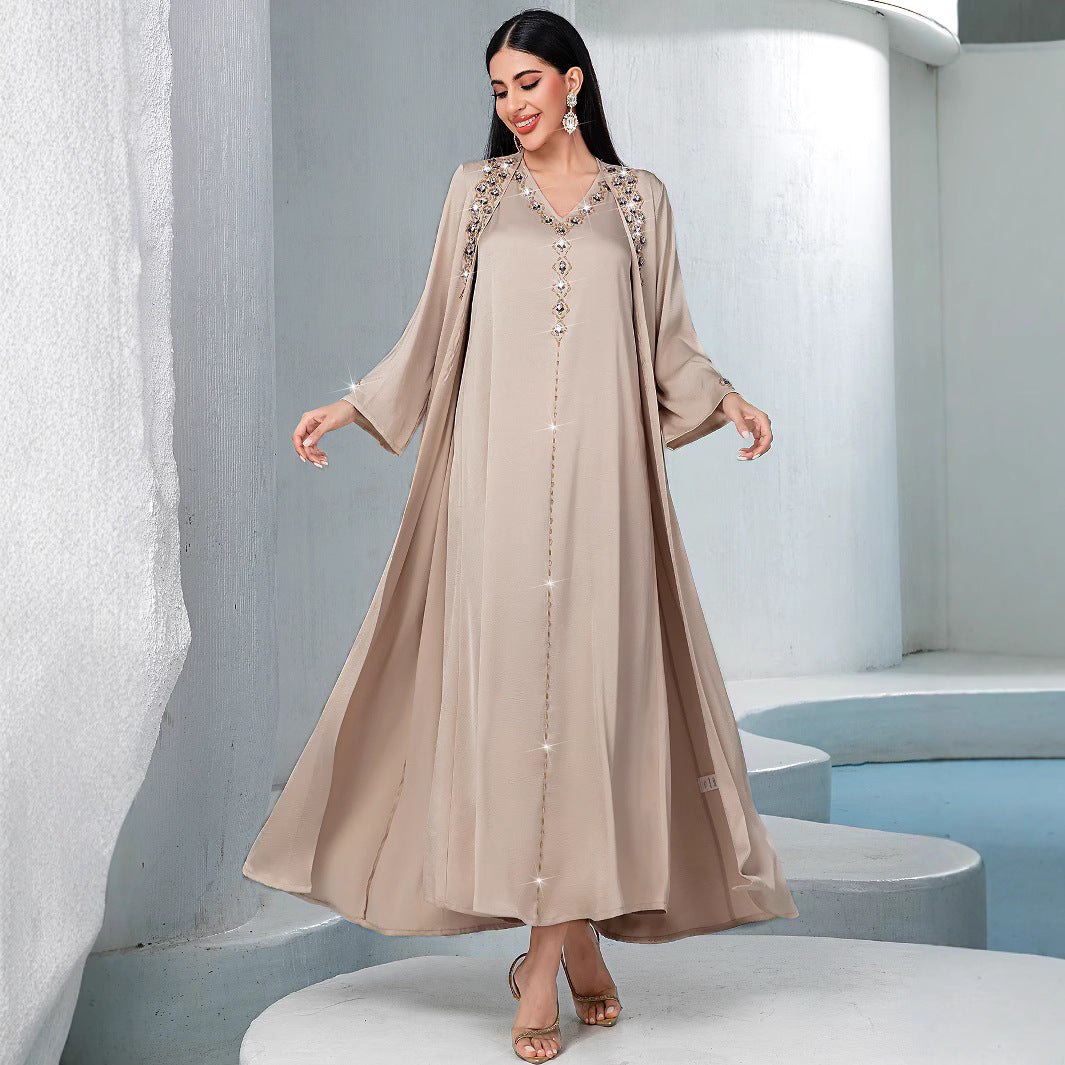 Luxury Muslim Kaftan Set Evening Wear | Beige Hand-Sewn Diamond Two-Piece Dress with Bell Sleeves(MOA202)