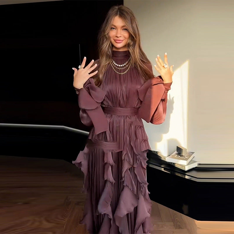 Cascading Ruffle Gown | High Neck Tie-Waist Maxi Dress(MS231)