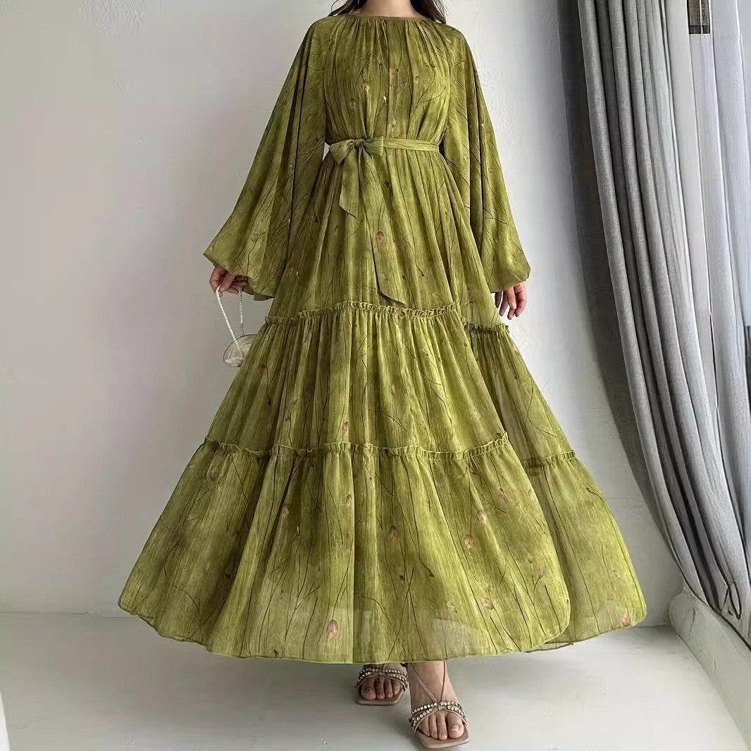 Long Sleeve Belted Chiffon Dress | Elegant Boho Peasant Gown(MA380)