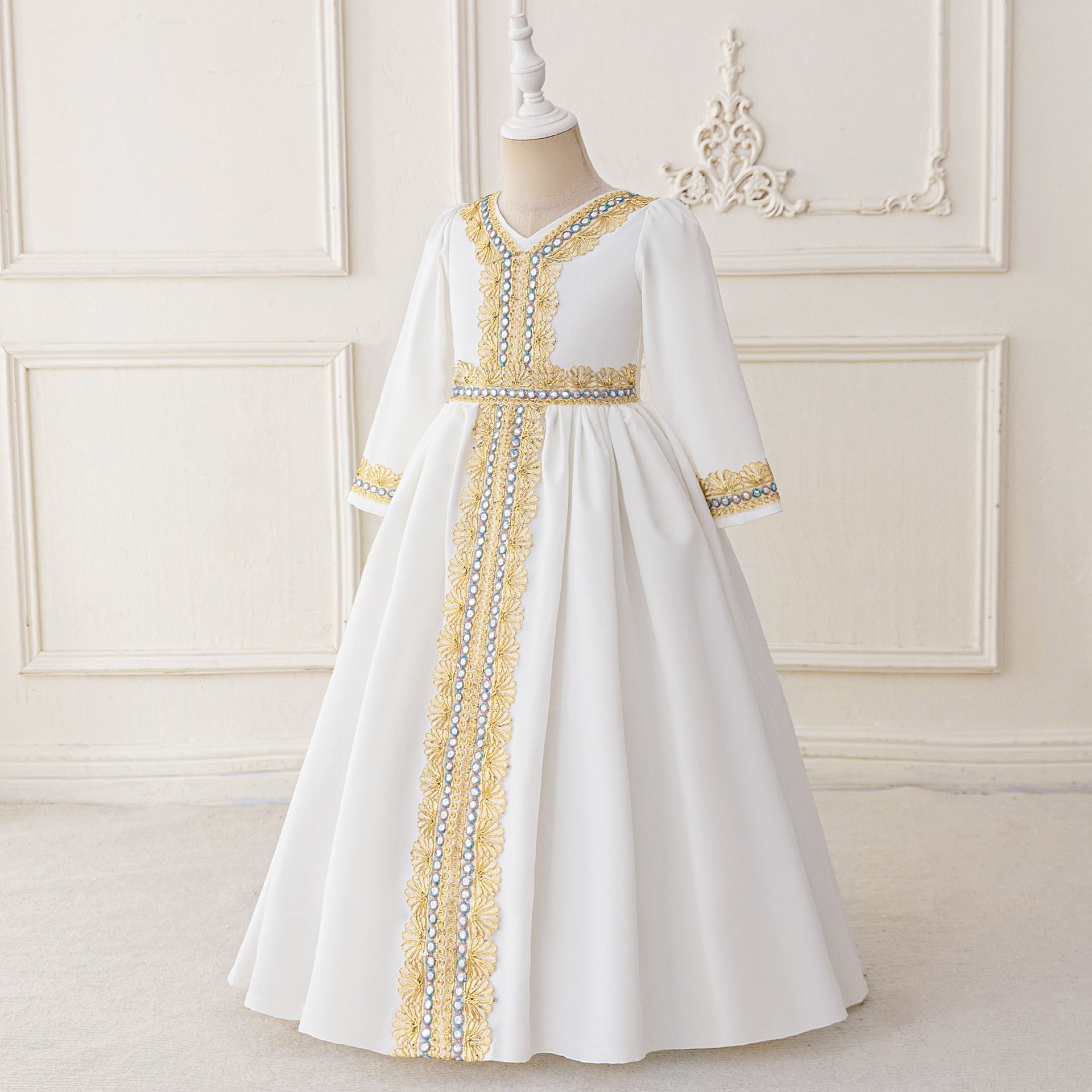 Girls Embroidered Kaftan Dress with Jeweled Belt(MKG021)