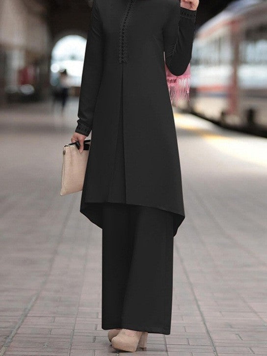 Lace-Trim Long Tunic & Wide-Leg Pants Set(MS540)
