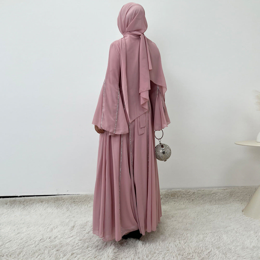 Elegant Chiffon Abaya Set with Hijab | Round Neck Bell Sleeve Maxi Dress with Rhinestone Trim(MA325)
