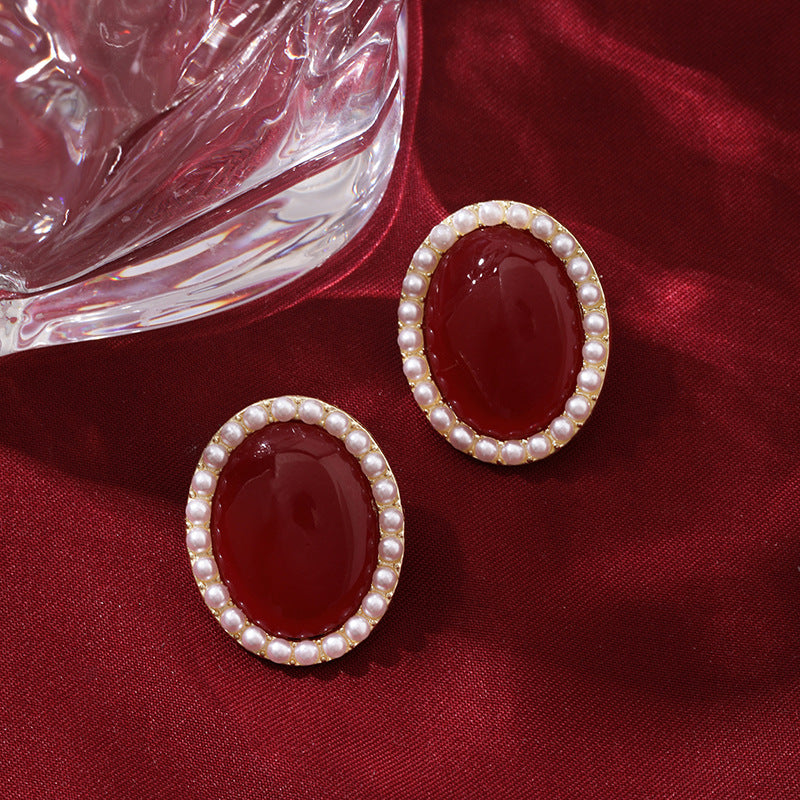Vintage Wine Red Pearl Stud Earrings（MAC466）